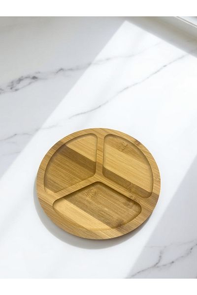 CİHO Bamboo Wooden Round 3 Compartment Presentation Plate Breakfast, Snack, Presentation Plate 20 cm