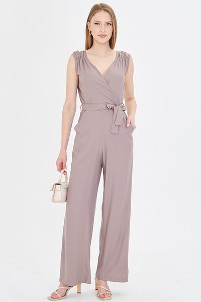 armonika Women's Dark Mink Double Breasted Collar Back Elastic Long Jumpsuit Arm-24Y 001049