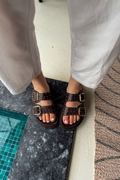 SHOEBELLAS Gale Bitter Brown Double Buckle Pin Detailed Women's Slippers