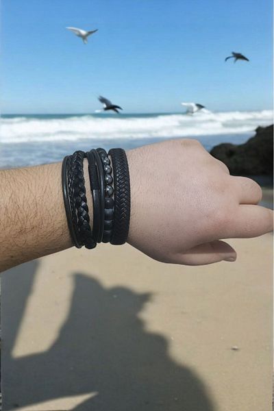 Birmem Unisex Leather Bracelet Black Stone & Leather Bracelet