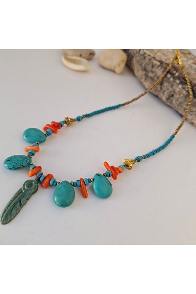 azra takı tasarım Turquoise and Natural Stone Detailed - Coral Blue Orange Authentic Bohemian Short Women's Necklace