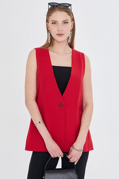 armonika Women's Red V-Neck Single Button Oversize Vest Arm-25Y 001036