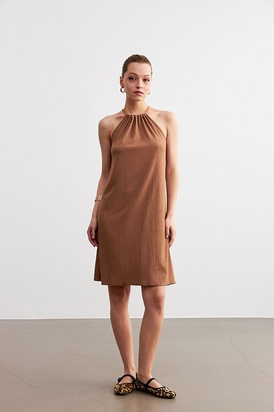 MODAGEN Γυναικείο Μίνι Φόρεμα Camel Halter Crinkle