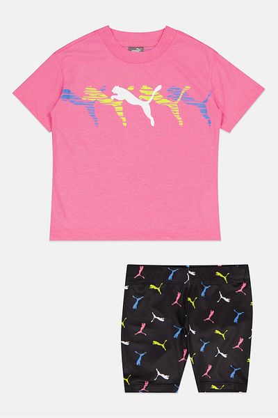 Puma Kids Girl 2 Piece Sportswear Fit Brand Logo T-Shirt And Short Set, Pink/Black