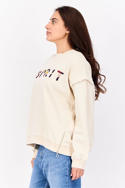 Esprit Women Crew Neck Embroidered Logo Sweatshirt, Beige