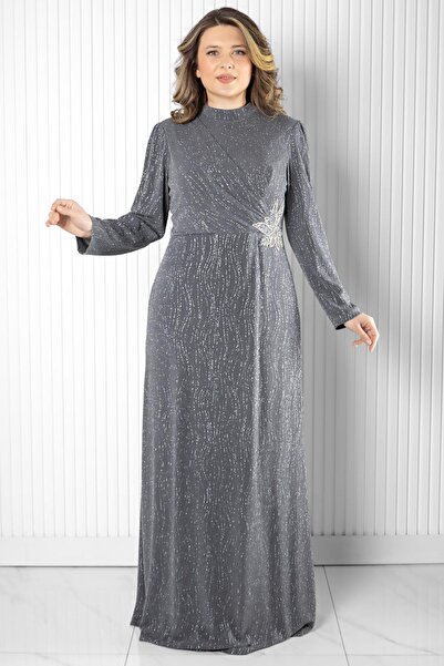 SUBU TASARIM Βραδινό φόρεμα με λεπτομέρεια σε γκρι πέτρα TBSMDA2522