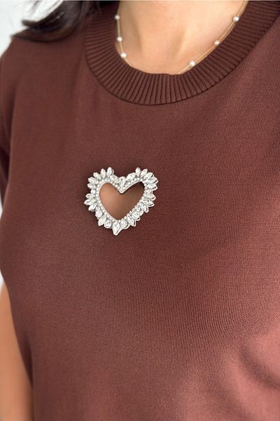 FEMELLE Women's Brown Standard Size Heart Stone Accessory Detailed Short Sleeve Cotton Slim Stone Knitwear Blouse