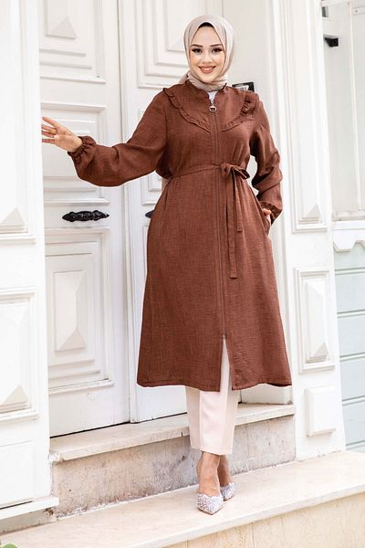 Tesettür Dünyası Zippered Linen Tunic - Brown TSD with Ruffle Detail on the Front240518