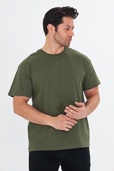 TRENDHİLL Ανδρικό μπλουζάκι από βαμβακερό λαιμόκοψη Oversize Khaki 5015-H