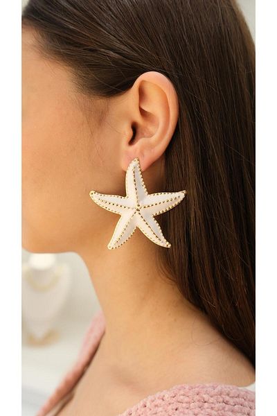 Jerie Gold Plate Ecru Enamel Maxi Starfish Earrings