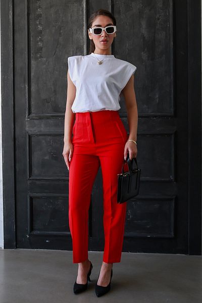 Madmext Red Front Piping High Waist Women's Trousers Mg2425