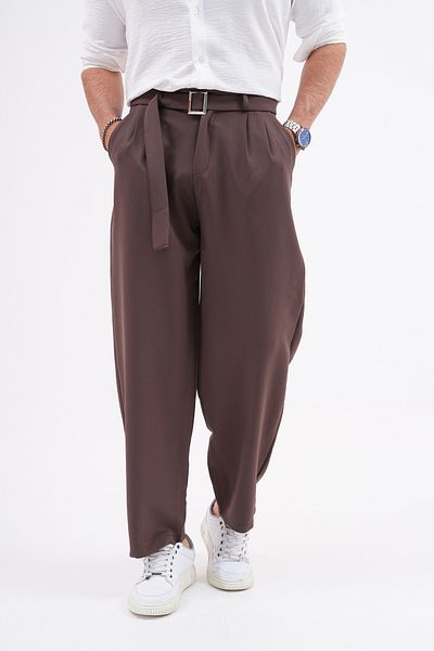 byata.style Seasonal Pleated Baggy Fit Pocket Belt Buckle Men's Fabric Trousers Brown