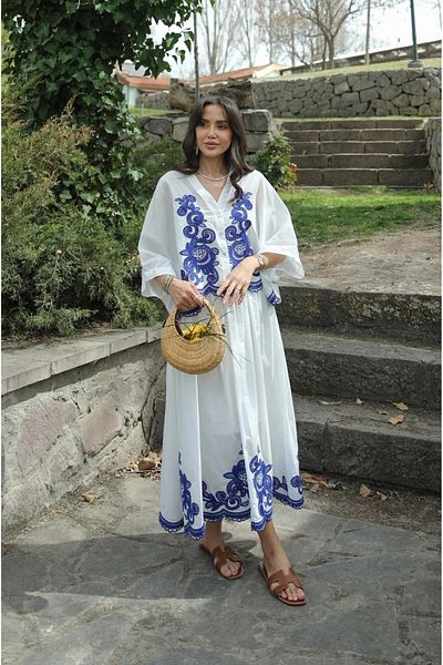 My Blog Navy Blue Embroidered 100% Cotton Shirt Skirt Set - 7165