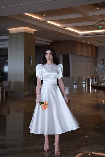 GNRDESİGN White Misha Flared Skirt Short Lotus Sleeve Boat Neck Evening Dress/Gown