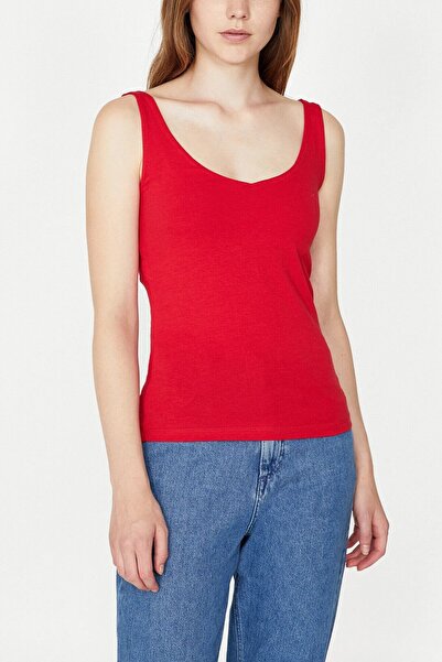 Saade Red U Neck Straight Strap Knitted Tank Top