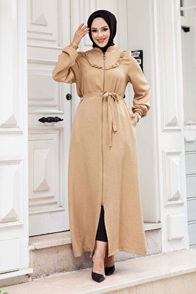 Tesettür Dünyası Camel Hijab Ferace - TSD with Ruffle Detail and Zipper240510