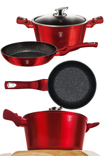 Berlinger Nonstick Cookware Set 3 Pcs Pot Pan Lid 24 Cm Burgundy Metallic Line