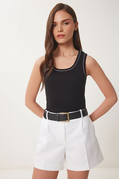 Lovelyİstanbul Contrast Striped Thick Strap Knitted Tank Top Black Lns0035