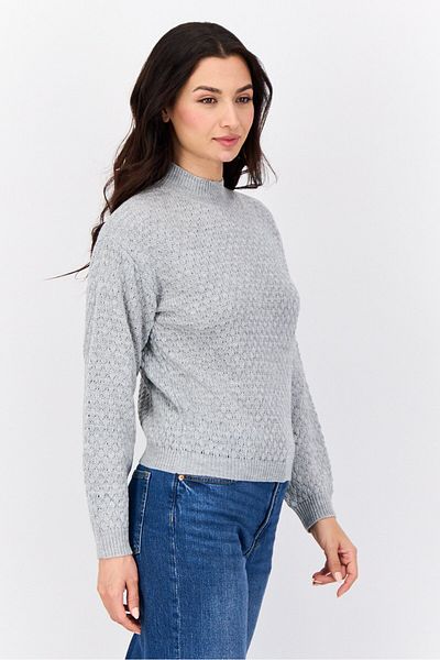 No Comment Women Ribbed Collar Knitted Sweaters, Grey