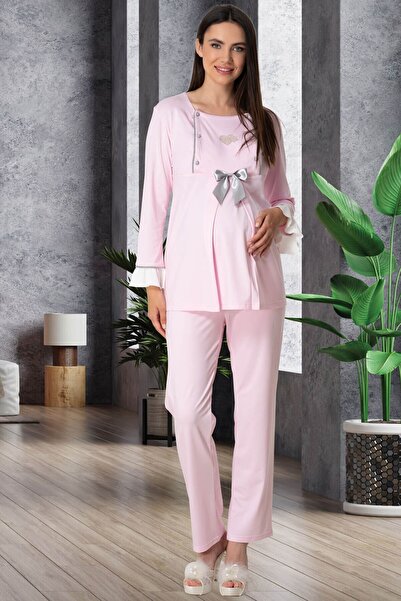Mecit Pijama Mecit 5529 Pink Maternity Pajama Set with Breastfeeding Features