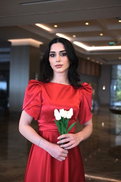 GNRDESİGN Red Misha Flared Skirt Short Lotus Sleeve Boat Neck Evening Dress/Gown