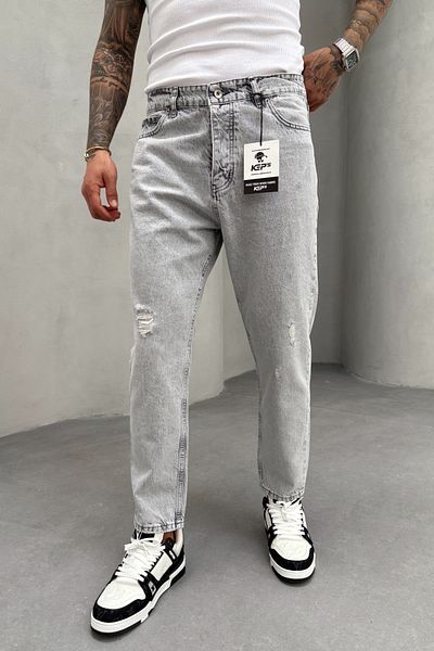 MADZEYMODA Boyfriend Mold Ανδρικό γκρι σκισμένο ύφασμα τζιν Τζιν παντελόνι KE-747