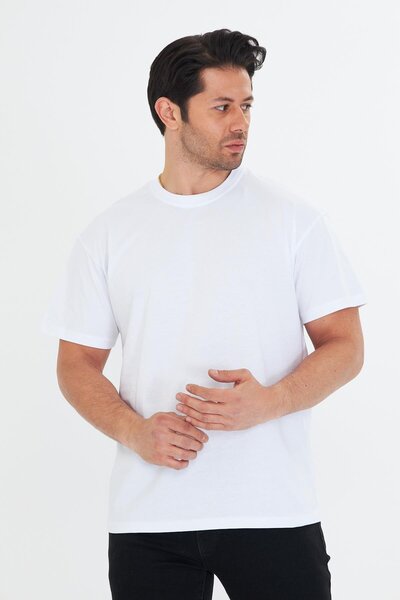 TRENDHİLL Ανδρικό μπλουζάκι από βαμβακερό λαιμόκοψη Oversize Λευκό 5015-B