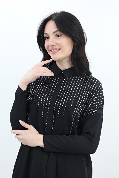 MÜSEMMA Müsemma Büyük Beden Krep Kumaş Taş İşlemeli Mehtap Gömlek - Siyah