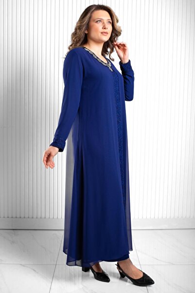 SUBU TASARIM Кам'яний принт Детальний шифон Вечірня сукня Синій TBSMDA2520