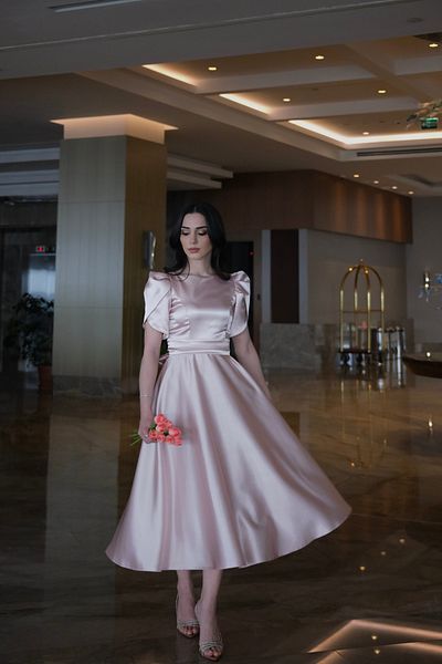 GNRDESİGN Pink Misha Flared Skirt Short Lotus Sleeve Boat Neck Evening Dress/Gown