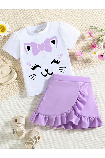 bebekpare Girl's Skirt Suit - Ribbon Cat Printed
