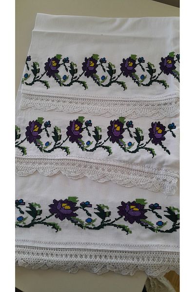 Papatyam Hand Knitted 1 Piece Skirt (200X100) 1 Piece Double Sided Pillow (100X45) Etamin Sapling/Lace