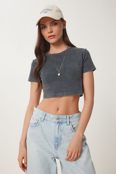 Lovelyİstanbul Πλεκτό T-shirt με ξεθωριασμένο εφέ ANTHRACITE LUS0112
