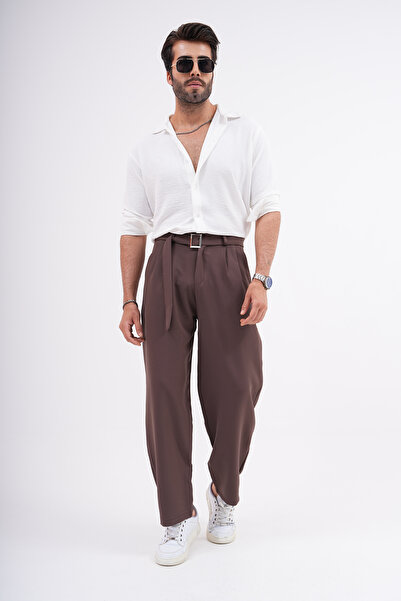 byata.style Seasonal Pleated Baggy Fit Pocket Belt Buckle Men's Fabric Trousers Brown
