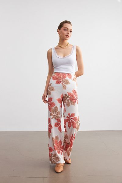 MODAGEN Women's Orange-White Floral Patterned Tube Leg Trousers