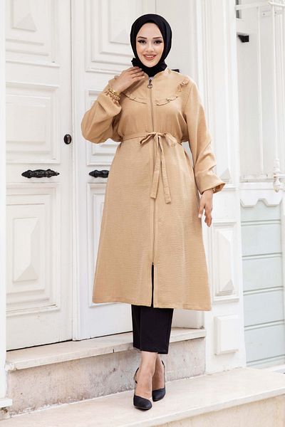 Tesettür Dünyası Camel Linen Tunic - TSD with Ruffle Detail and Zipper240518
