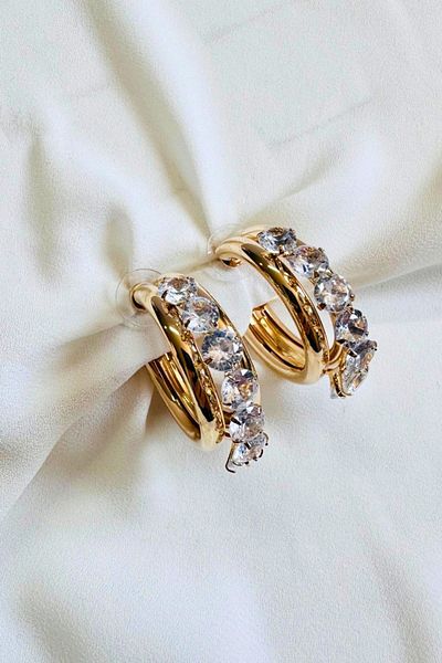 PETEK AKSESUAR DUBLE ROW Rhinestone THICK HOOP EARRING