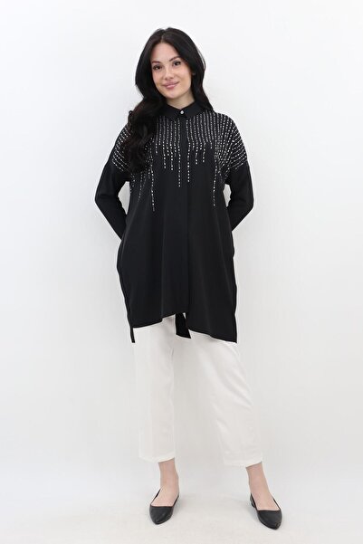 MÜSEMMA Müsemma Büyük Beden Krep Kumaş Taş İşlemeli Mehtap Gömlek - Siyah