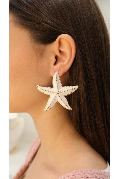 Jerie Gold Plate Ecru Enamel Maxi Starfish Earrings