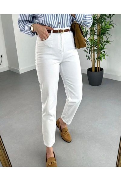 MAKRAS EXCLUSIVE 90. léta bílé s vysokým pasem Lycra Comfort Denim Mom Jeans Kalhoty Jeans