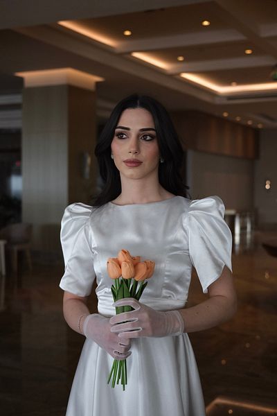 GNRDESİGN White Misha Flared Skirt Short Lotus Sleeve Boat Neck Evening Dress/Gown