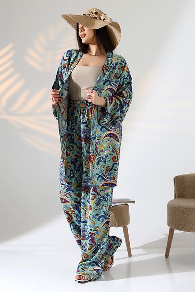 forte bella Ethnic Pattern Kimono Pants Set