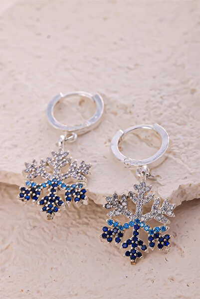 Lucente Jewellery Luxury Serisi Işıklı Hediye Kutulu Mavi Kar Tanesi Sallantılı 925 Ayar Gümüş Halkalı Sallanan Küpe