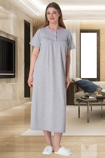 Mecit Pijama فستان نوم نسائي من Mecit 6040 باللون الوردي المنقط باللون الرمادي مقاس كبير