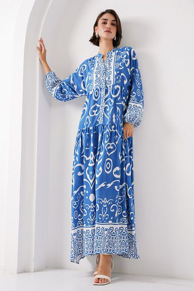 Modayakamoz 2423 Rochie Hijab Autentică cu Motiv - B. Indigo