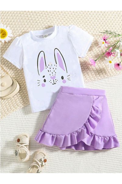 bebekpare Girl's Skirt Suit Rabbit Printed Ruffles