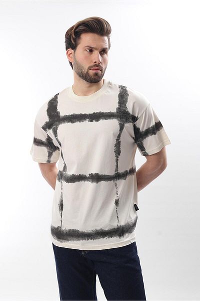 Madmext Ecru Crew Neck Printed Basic Men's T-Shirt E7109