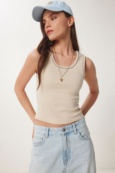 Lovelyİstanbul Thick Military Knitted Undershirt Cream Contrast Stripe Lns0035