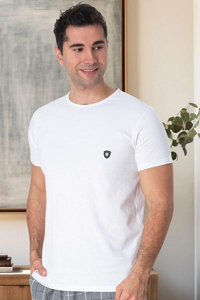Mecit Pijama Mecit 3013 - Tricou alb din bumbac Lycra pentru bărbați, gât crew, mânecă scurtă