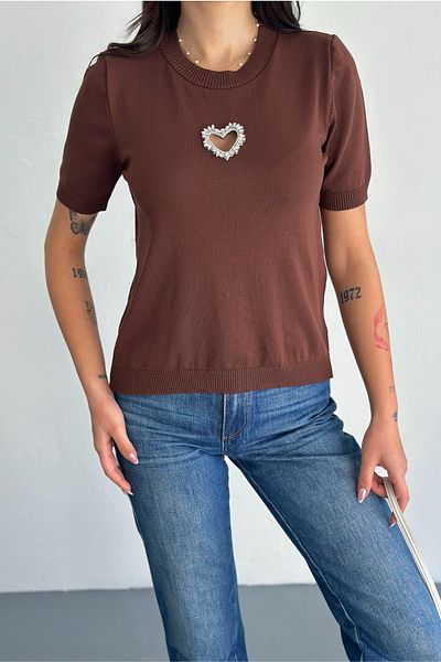 FEMELLE Women's Brown Standard Size Heart Stone Accessory Detailed Short Sleeve Cotton Slim Stone Knitwear Blouse